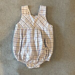Beaufort Bonnet Baby Plaid Bubble Romper in Light Blue and White